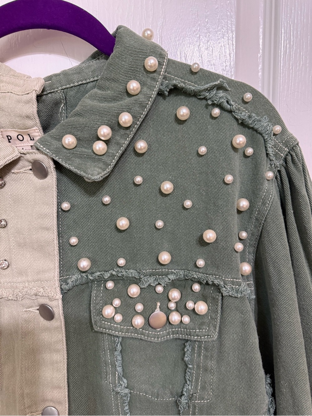 H207 POL L pp22 Two-Tone Olive & Sage Pearl-Studded Denim Jacket Top - Picture 5 of 10